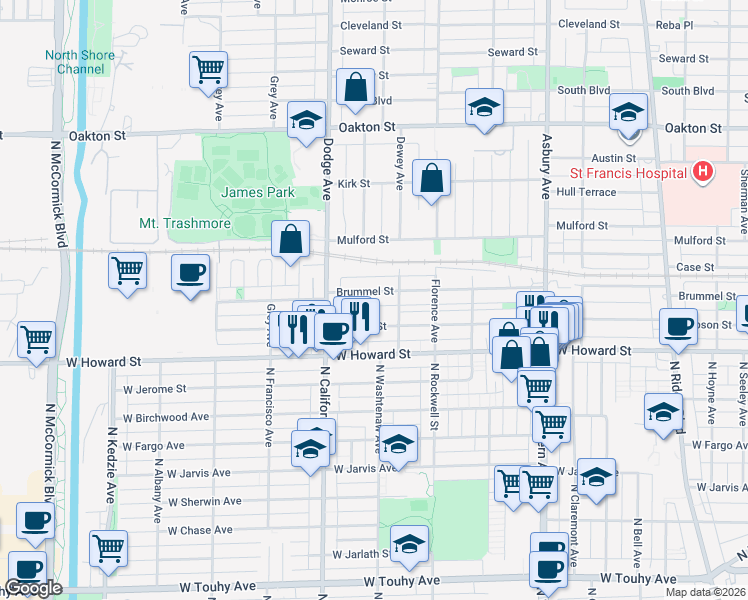 map of restaurants, bars, coffee shops, grocery stores, and more near 1720 Brummel Street in Evanston