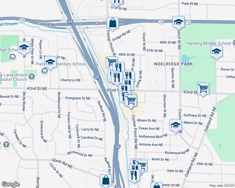 map of restaurants, bars, coffee shops, grocery stores, and more near 1945 42nd Street Northeast in Cedar Rapids