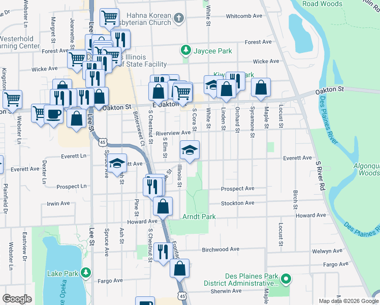 map of restaurants, bars, coffee shops, grocery stores, and more near 1777 Illinois Street in Des Plaines