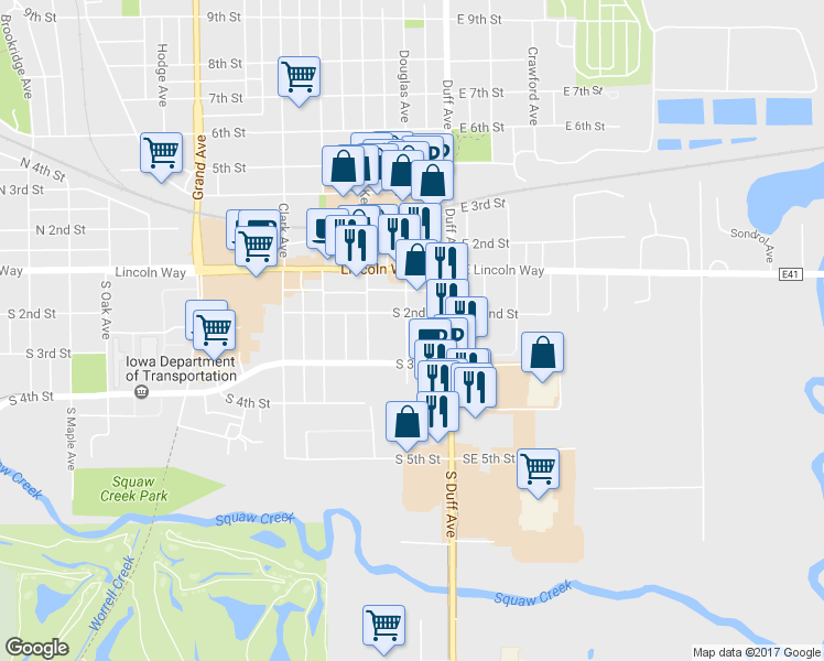 map of restaurants, bars, coffee shops, grocery stores, and more near 210 South Sherman Avenue in Ames