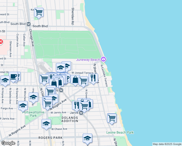 map of restaurants, bars, coffee shops, grocery stores, and more near 1421 West Jonquil Terrace in Chicago