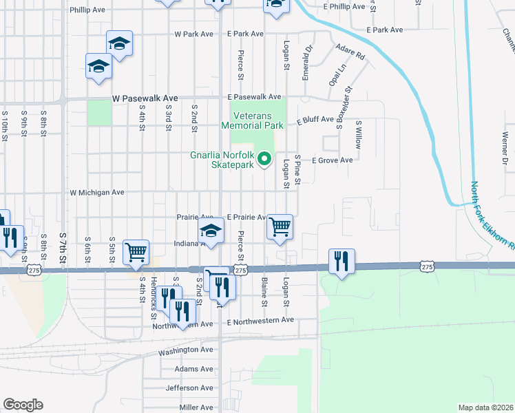 map of restaurants, bars, coffee shops, grocery stores, and more near 1013 Blaine Street in Norfolk