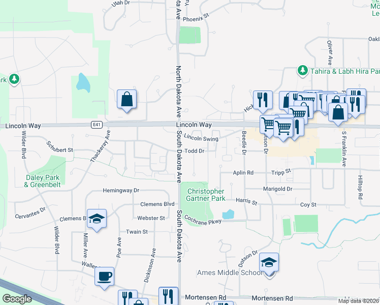map of restaurants, bars, coffee shops, grocery stores, and more near 207 Todd Circle in Ames
