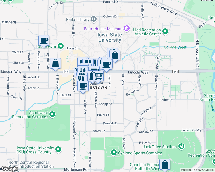 map of restaurants, bars, coffee shops, grocery stores, and more near 211 Lynn Avenue in Ames