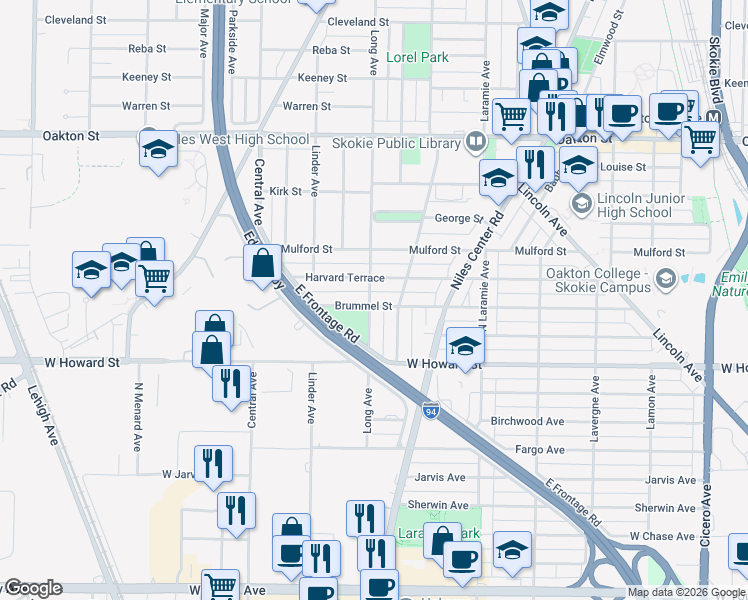 map of restaurants, bars, coffee shops, grocery stores, and more near 5356 Brummel Street in Skokie