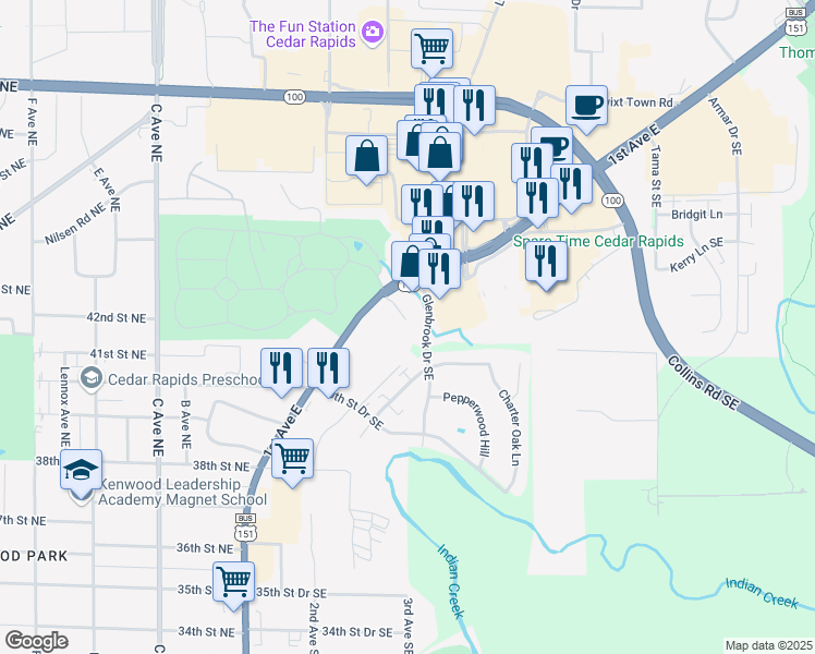 map of restaurants, bars, coffee shops, grocery stores, and more near 4311 1st Avenue Southeast in Cedar Rapids