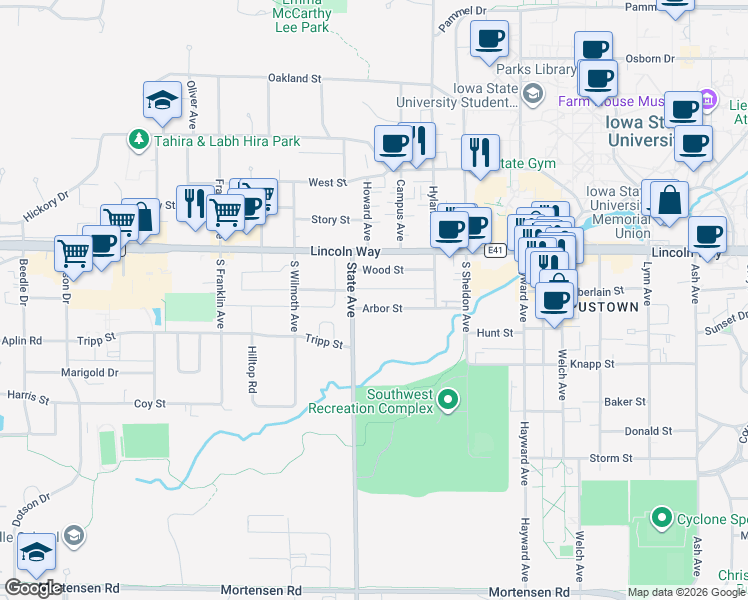 map of restaurants, bars, coffee shops, grocery stores, and more near 2923 Arbor Street in Ames