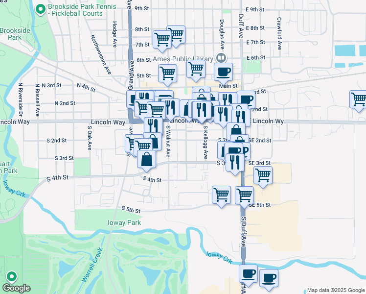 map of restaurants, bars, coffee shops, grocery stores, and more near 209 Washington Avenue in Ames