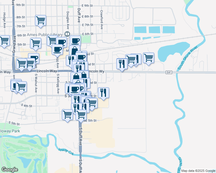 map of restaurants, bars, coffee shops, grocery stores, and more near 216-398 Southeast 2nd Street in Ames