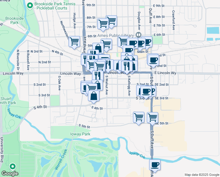 map of restaurants, bars, coffee shops, grocery stores, and more near 212 South Walnut Avenue in Ames