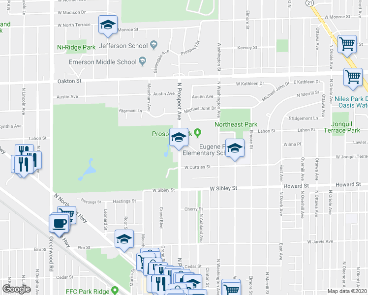map of restaurants, bars, coffee shops, grocery stores, and more near 721 North Prospect Avenue in Park Ridge