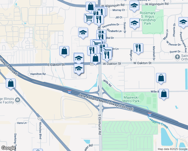 map of restaurants, bars, coffee shops, grocery stores, and more near 1750 Elmhurst Road in Des Plaines