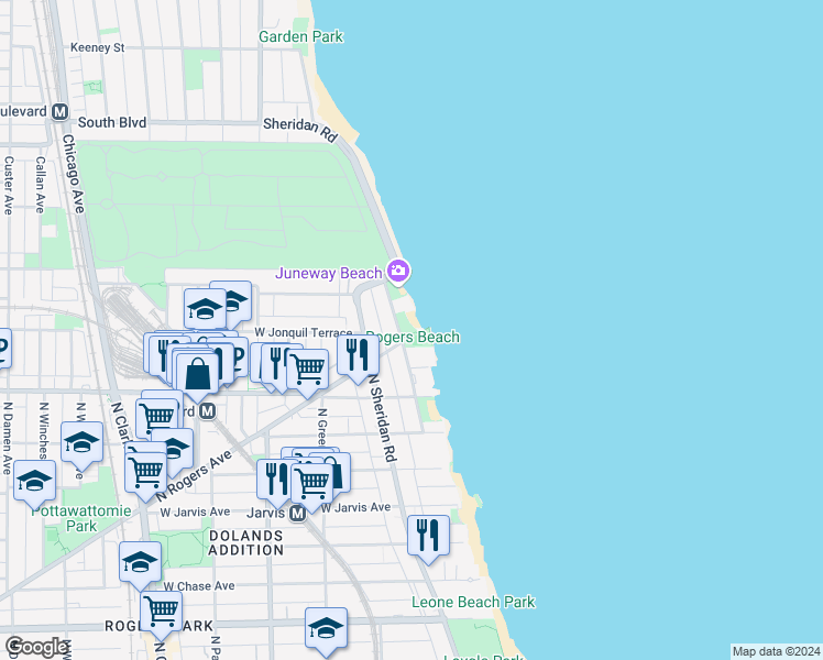 map of restaurants, bars, coffee shops, grocery stores, and more near 7651 North Eastlake Terrace in Chicago
