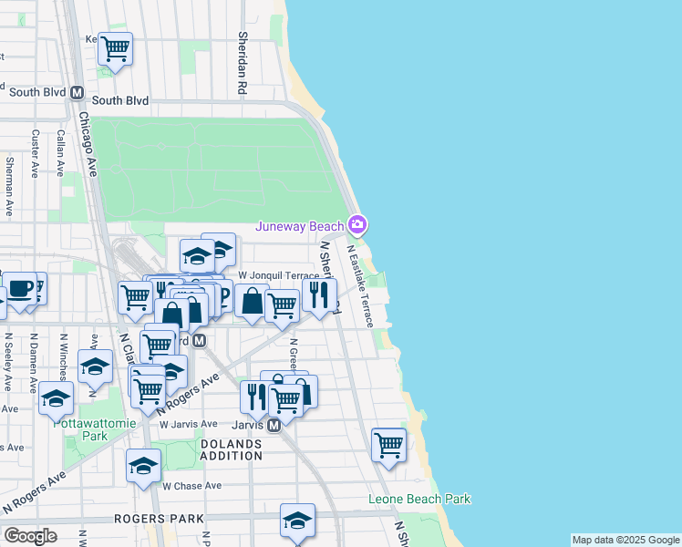 map of restaurants, bars, coffee shops, grocery stores, and more near 7657 North Sheridan Road in Chicago