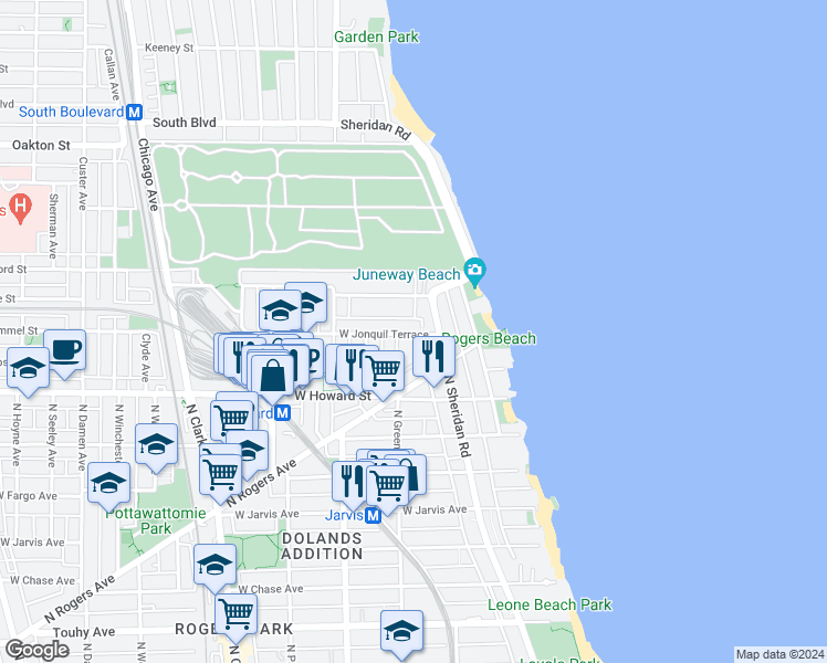 map of restaurants, bars, coffee shops, grocery stores, and more near 1421 West Jonquil Terrace in Chicago