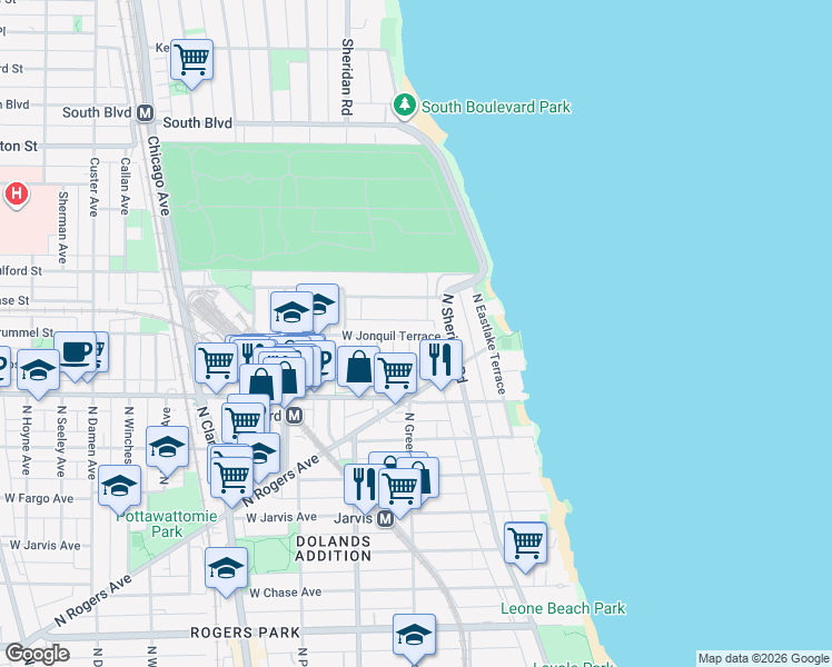 map of restaurants, bars, coffee shops, grocery stores, and more near 1421 West Jonquil Terrace in Chicago