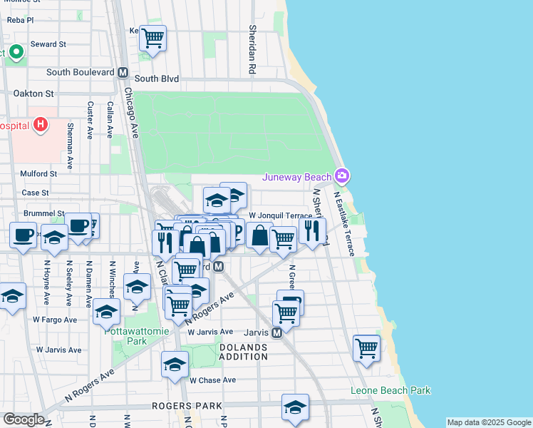 map of restaurants, bars, coffee shops, grocery stores, and more near 7655 North Ashland Avenue in Chicago