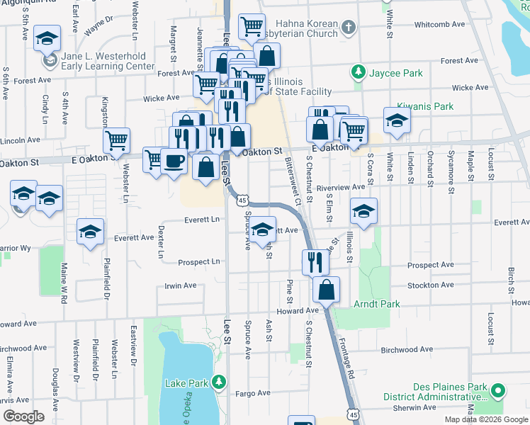 map of restaurants, bars, coffee shops, grocery stores, and more near 1767 Spruce Avenue in Des Plaines