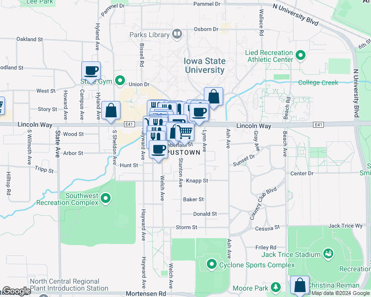 map of restaurants, bars, coffee shops, grocery stores, and more near 216 Stanton Avenue in Ames