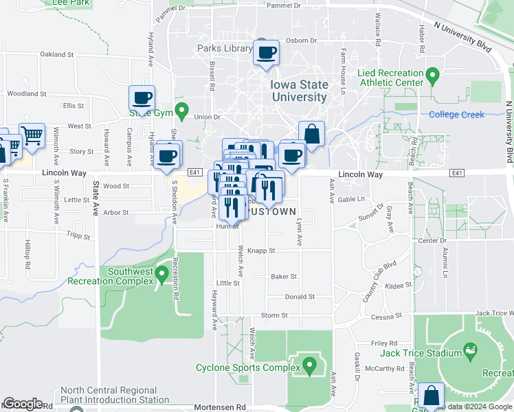 map of restaurants, bars, coffee shops, grocery stores, and more near 126 Welch Avenue in Ames