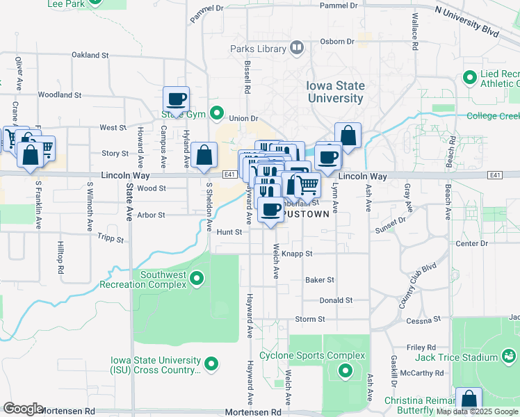 map of restaurants, bars, coffee shops, grocery stores, and more near 211 Chamberlain Place in Ames