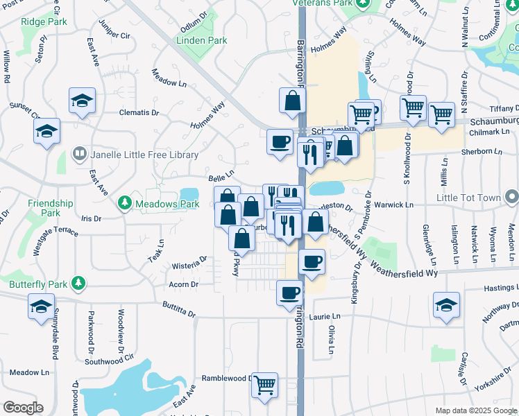 map of restaurants, bars, coffee shops, grocery stores, and more near 225 Chesterfield Court in Schaumburg