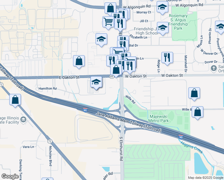 map of restaurants, bars, coffee shops, grocery stores, and more near 1750 Elmhurst Road in Des Plaines