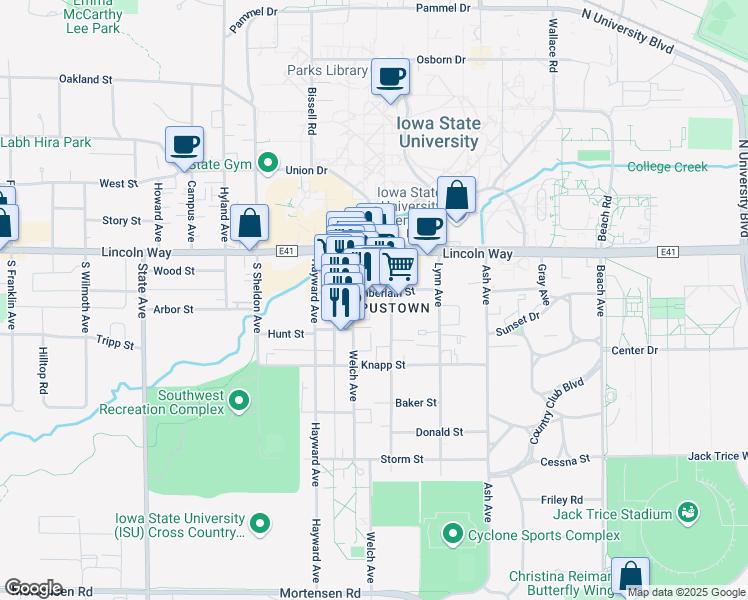map of restaurants, bars, coffee shops, grocery stores, and more near 2410 Chamberlain Street in Ames