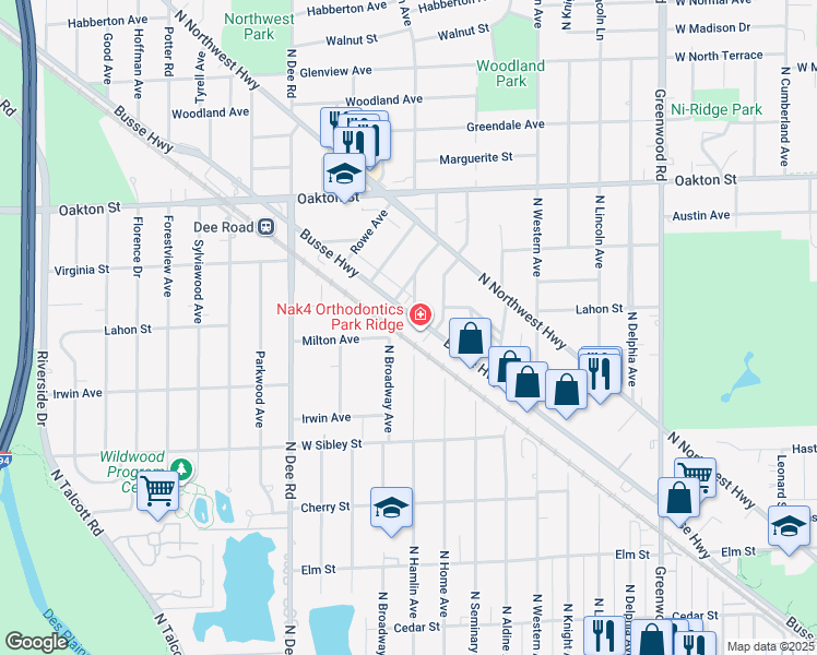 map of restaurants, bars, coffee shops, grocery stores, and more near 776 Busse Highway in Park Ridge
