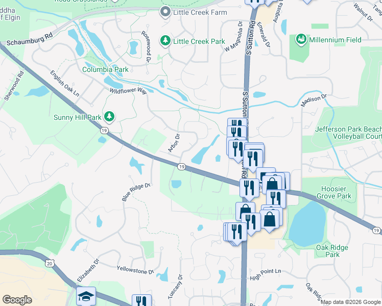 map of restaurants, bars, coffee shops, grocery stores, and more near 19 Wildflower Way in Streamwood
