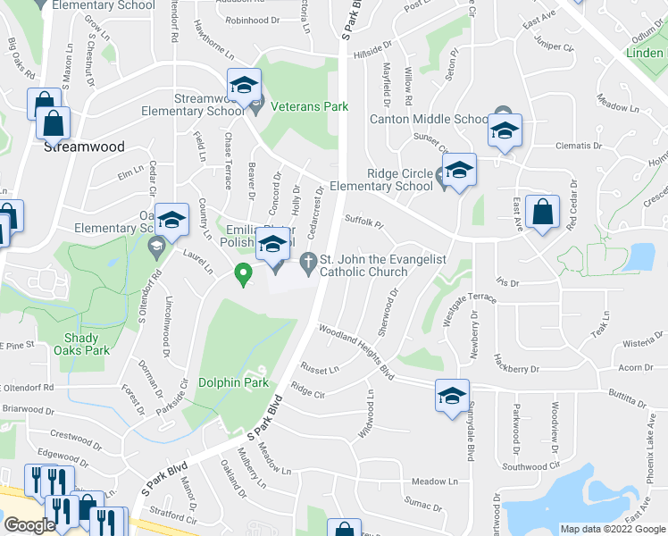 map of restaurants, bars, coffee shops, grocery stores, and more near 501 South Park Boulevard in Streamwood