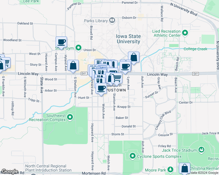 map of restaurants, bars, coffee shops, grocery stores, and more near 2410 Chamberlain Street in Ames