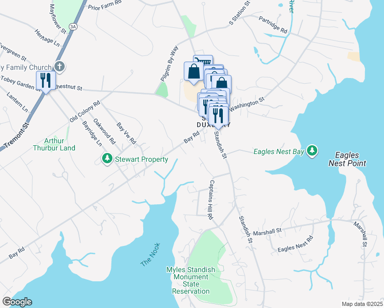 map of restaurants, bars, coffee shops, grocery stores, and more near 80 Captains Hill Road in Duxbury