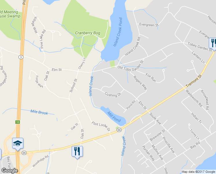 map of restaurants, bars, coffee shops, grocery stores, and more near Ice House Road in Duxbury