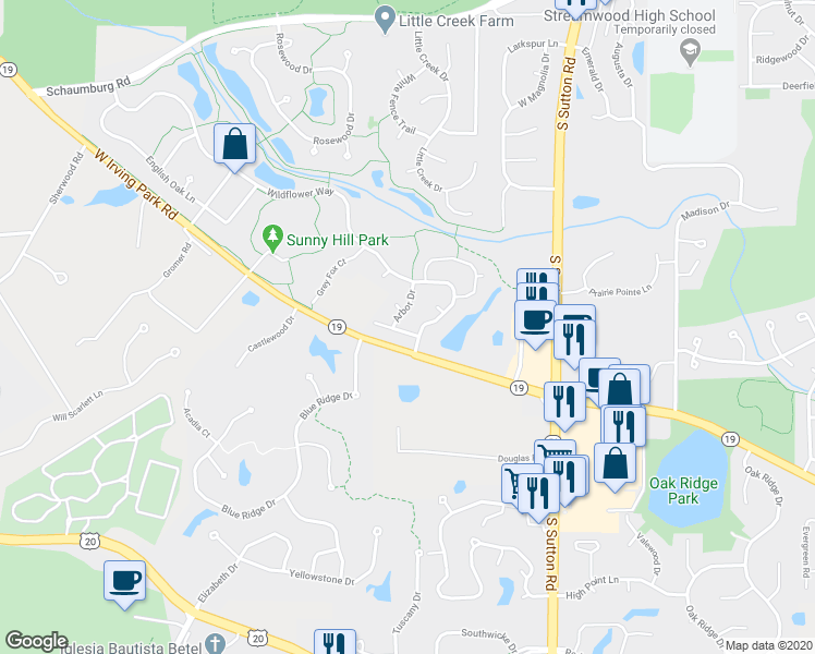 map of restaurants, bars, coffee shops, grocery stores, and more near 10 Foxglove Court in Streamwood
