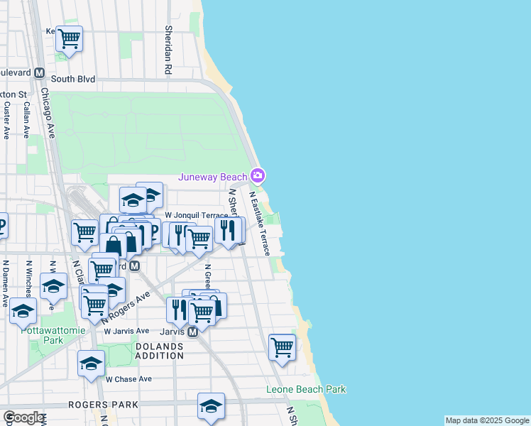 map of restaurants, bars, coffee shops, grocery stores, and more near 7705 North Eastlake Terrace in Chicago