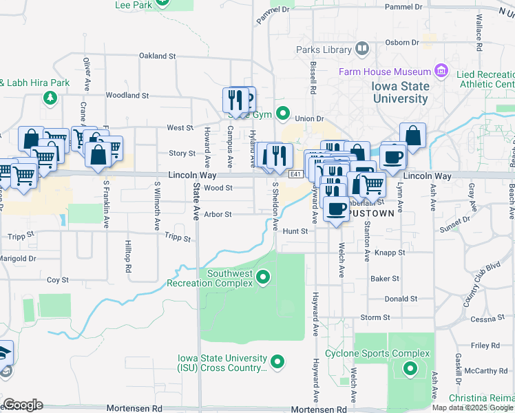 map of restaurants, bars, coffee shops, grocery stores, and more near 212 South Hyland Avenue in Ames