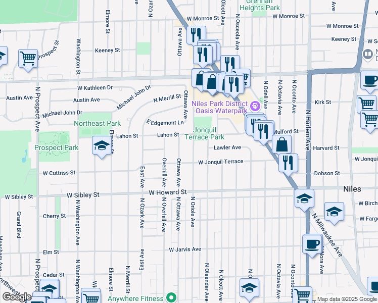 map of restaurants, bars, coffee shops, grocery stores, and more near 7715 North Oriole Avenue in Niles