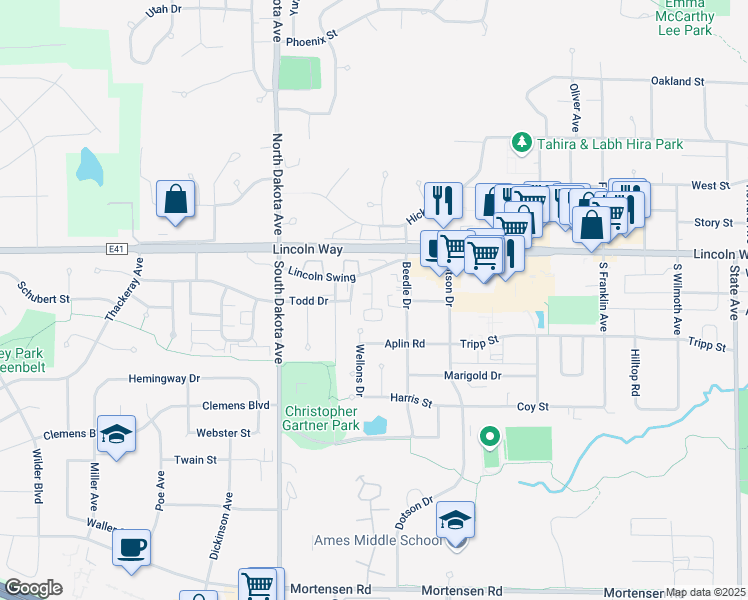 map of restaurants, bars, coffee shops, grocery stores, and more near 4132 Lincoln Swing Street in Ames