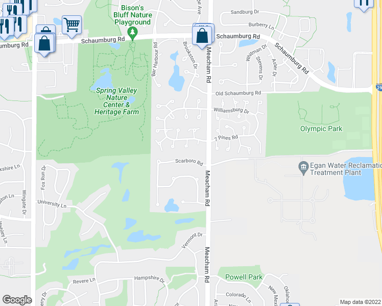 map of restaurants, bars, coffee shops, grocery stores, and more near 1388 Scarboro Road in Schaumburg
