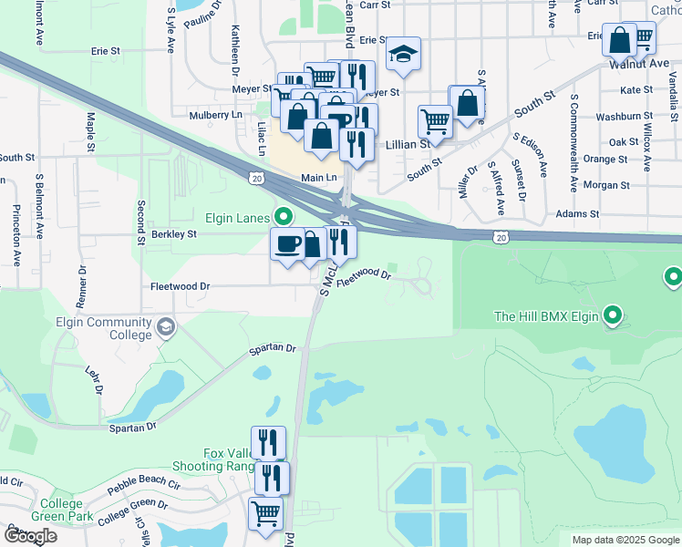 map of restaurants, bars, coffee shops, grocery stores, and more near 465 S McLean Blvd in Elgin