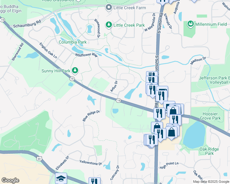 map of restaurants, bars, coffee shops, grocery stores, and more near 10 Foxglove Court in Streamwood