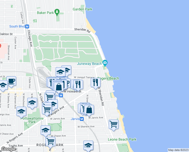map of restaurants, bars, coffee shops, grocery stores, and more near 1421 West Jonquil Terrace in Chicago