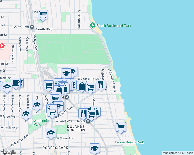 map of restaurants, bars, coffee shops, grocery stores, and more near 1421 West Jonquil Terrace in Chicago