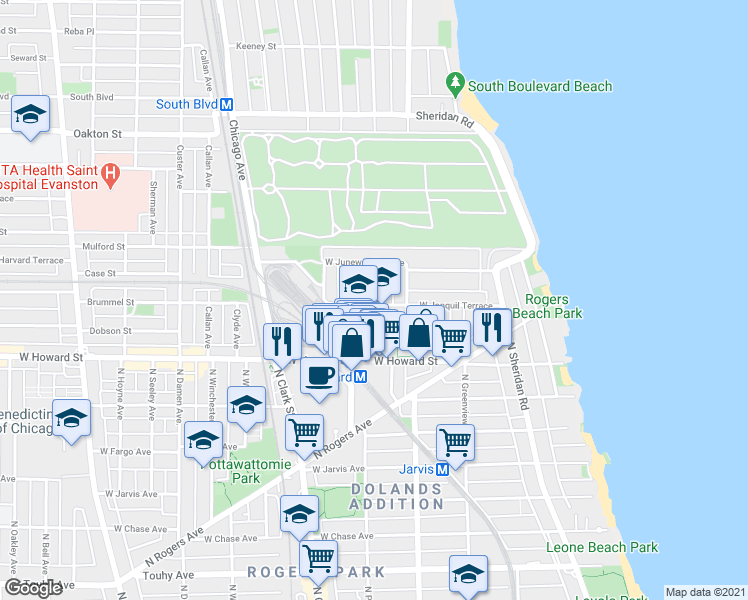 map of restaurants, bars, coffee shops, grocery stores, and more near 1997 West Jonquil Terrace in Chicago