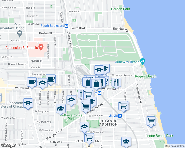 map of restaurants, bars, coffee shops, grocery stores, and more near 1705 West Jonquil Terrace in Chicago