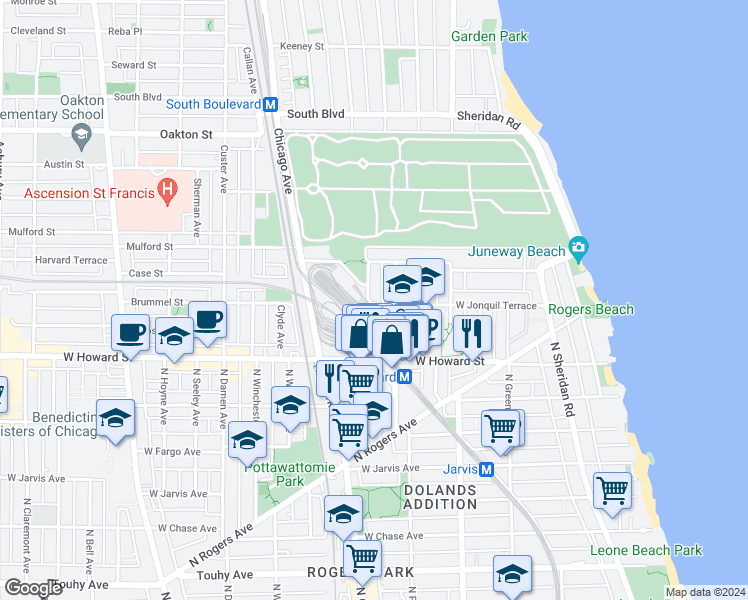map of restaurants, bars, coffee shops, grocery stores, and more near 1705 West Jonquil Terrace in Chicago