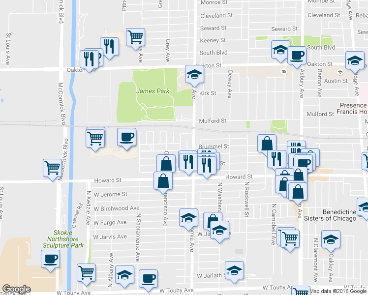 map of restaurants, bars, coffee shops, grocery stores, and more near 1916 Brummel Street in Evanston