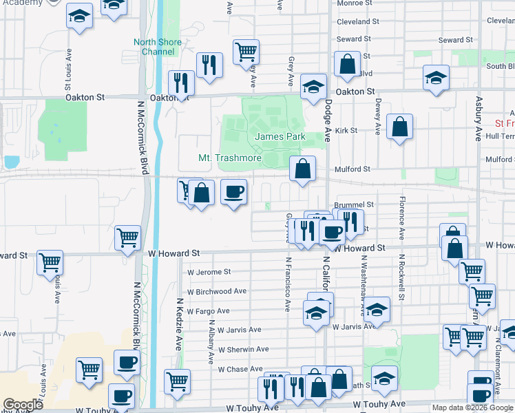 map of restaurants, bars, coffee shops, grocery stores, and more near 2132 Brummel Street in Evanston