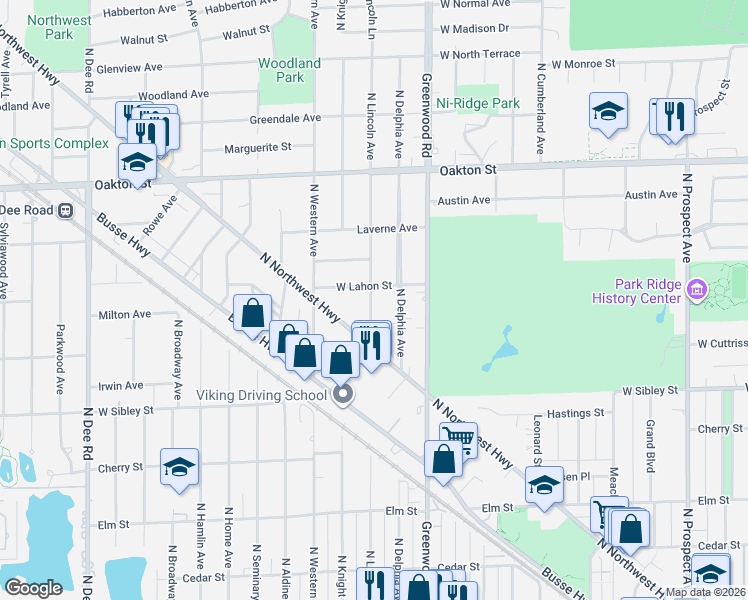 map of restaurants, bars, coffee shops, grocery stores, and more near 733 North Lincoln Avenue in Park Ridge